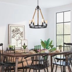 Lighting LNC Rope Wagon Wheel Chandeliers - 6 Lights-Clearance