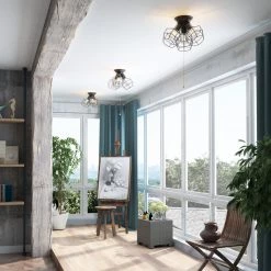 Lighting LNC Wire Cage With Pull String Flush Mounts - 3 Lights-Clearance