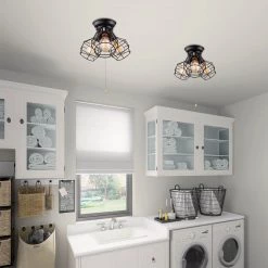 Lighting LNC Wire Cage With Pull String Flush Mounts - 3 Lights-Clearance