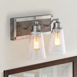 Lighting LNC Wooden Base Wall Sconce - 2 Lights-Clearance