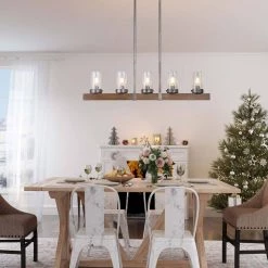 Hot Sale LNC Linear Rustic Wood Chandelier- 5 Lights