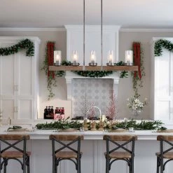 Hot Sale LNC Linear Rustic Wood Chandelier- 5 Lights