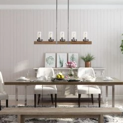 Hot Sale LNC Linear Rustic Wood Chandelier- 5 Lights