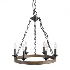 Lighting LNC Faux Wood Wagon Wheel Chandelier - 6 Lights-Clearance