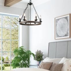 Lighting LNC Faux Wood Wagon Wheel Chandelier - 6 Lights-Clearance