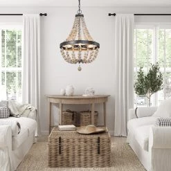 LNC Wood Beaded Chandelier - 4 Lights
