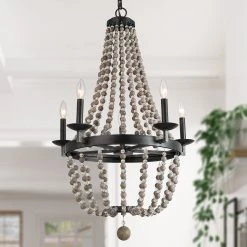 Hot Sale LNC Wood Beaded Chandelier - 5 Lights