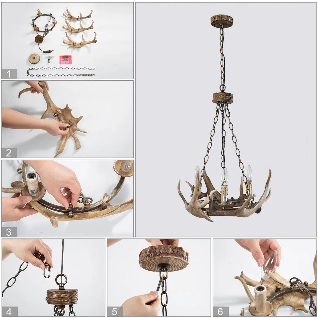 LNC Hand-crafted Antler Chandelier - 3 Lights 12 LNC Hand-crafted Antler Chandelier - 3 Lights