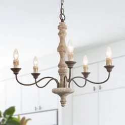 LNC Simple Wooden Chandelier - 5 Lights-Open Box