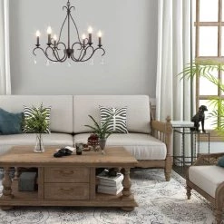 LNC Iron With Crystal Drop Chandelier - 6 Lights