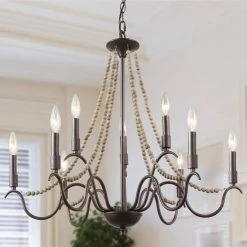 LNC Wood Bead Candle Style Chandelier - 9 Lights-Open Box