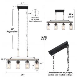 Lighting LNC Mason Jar Linear Chandelier - 4 Lights