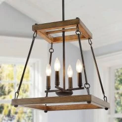 LNC Square Wood Chandelier- 4 Lights-Clearance