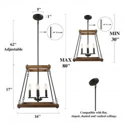 LNC Square Wood Chandelier- 4 Lights-Clearance