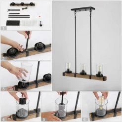 LNC Wood Iron Glass Chandelier-3 Lights Hot Sale