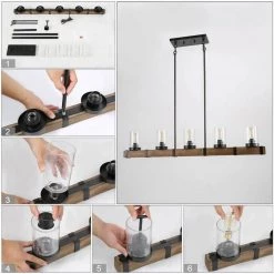 LNC Wood Iron Glass Chandelier-5 Lights Lighting