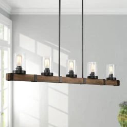 LNC Wood Iron Glass Chandelier-5 Lights-Open Box Lighting