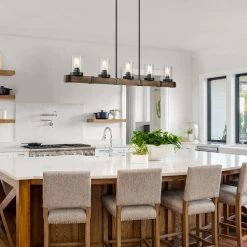 LNC Wood Iron Glass Chandelier-5 Lights Lighting