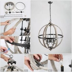 LNC Large Orb Wood Chandelier- 6 Lights