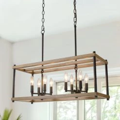 LNC Rectangle Farmhouse Wood Chandeliers-8 Lights