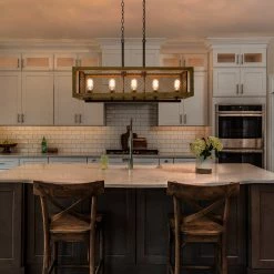 Hot Sale LNC Rectangle Wood Chandelier-5 Lights