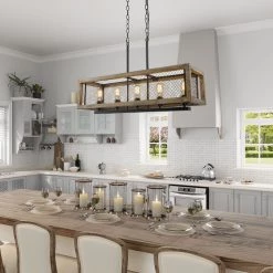 Hot Sale LNC Rectangle Wood Chandelier-5 Lights