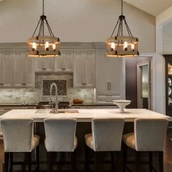 LNC Wood Drum Chandelier-5 Lights