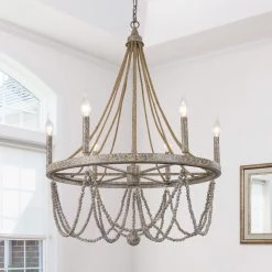 Hot Sale LNC Elegant Wooden Bead Chandelier-6 Lights