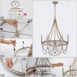 LNC Elegant Wooden Bead Chandelier-Open Box Lighting