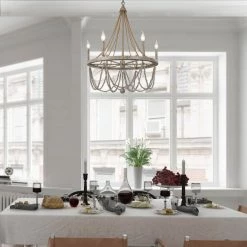 Hot Sale LNC Elegant Wooden Bead Chandelier-6 Lights