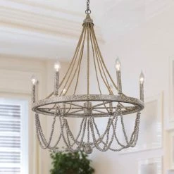 LNC Elegant Wooden Bead Chandelier-Open Box Lighting