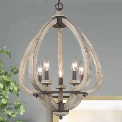 LNC Wooden Wine Barrel Chandelier-5 Lights