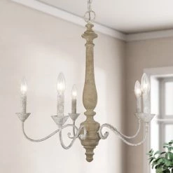 Hot Sale LNC Simple Wooden Distressed Chandelier 5 Lights