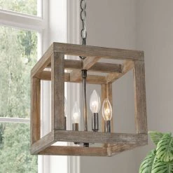 Uolfin LNC Farmhouse Wood Cubic Chandelier-4 Lights