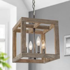 Uolfin LNC Farmhouse Wood Cubic Chandelier-4 Lights
