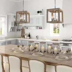 Uolfin LNC Farmhouse Wood Cubic Chandelier-4 Lights