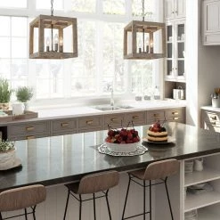 Uolfin LNC Farmhouse Wood Cubic Chandelier-4 Lights