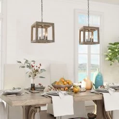 Uolfin LNC Farmhouse Wood Cubic Chandelier-4 Lights