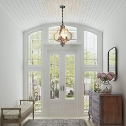 LNC French-country Natural Wood Chandelier-4 Lights