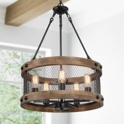 Uolfin LNC- Wooden Drum Shape Chandelier- 5 Lights Hot Sale