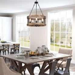 Uolfin LNC- Wooden Drum Shape Chandelier- 5 Lights Hot Sale