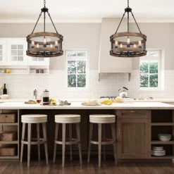 Uolfin LNC- Wooden Drum Shape Chandelier- 5 Lights Hot Sale