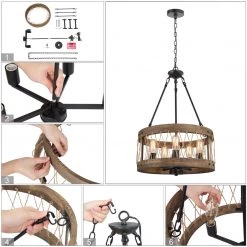 Uolfin LNC Home- Wooden Drum Shape Chandelier 5 Lights Hot Sale