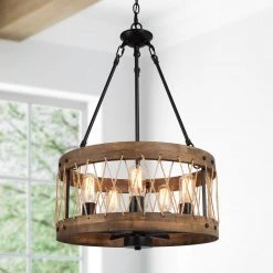 Uolfin LNC Home- Wooden Drum Shape Chandelier 5 Lights Hot Sale