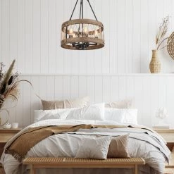 Uolfin LNC Home- Wooden Drum Shape Chandelier 5 Lights Hot Sale