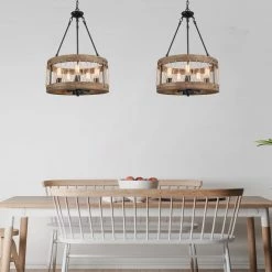 Uolfin LNC Home- Wooden Drum Shape Chandelier 5 Lights Hot Sale