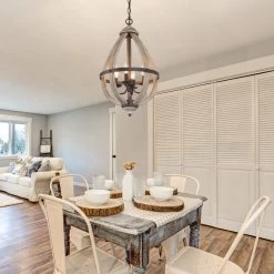 LNC Rustic Wood Cage Lantern-4 Lights Dining Room Lights