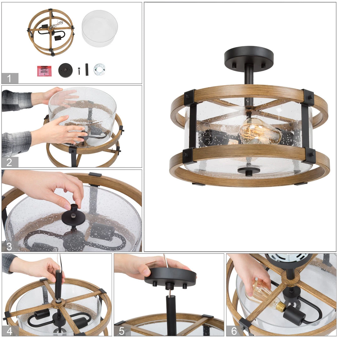 LNC Rustic Wood Semi-flush Ceiling Light 8 LNC Rustic Wood Semi-flush Ceiling Light