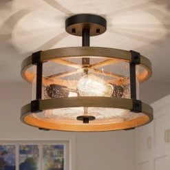 LNC Rustic Wood Semi-flush Ceiling Light