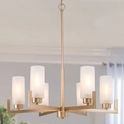 Modern LNC Gold Chandelier With Cylinder Glass Shades-6 Lights